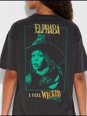 Elphaba 'I Feel Wicked' Embroidered Graphic Tee - Black with Green & Gold Print